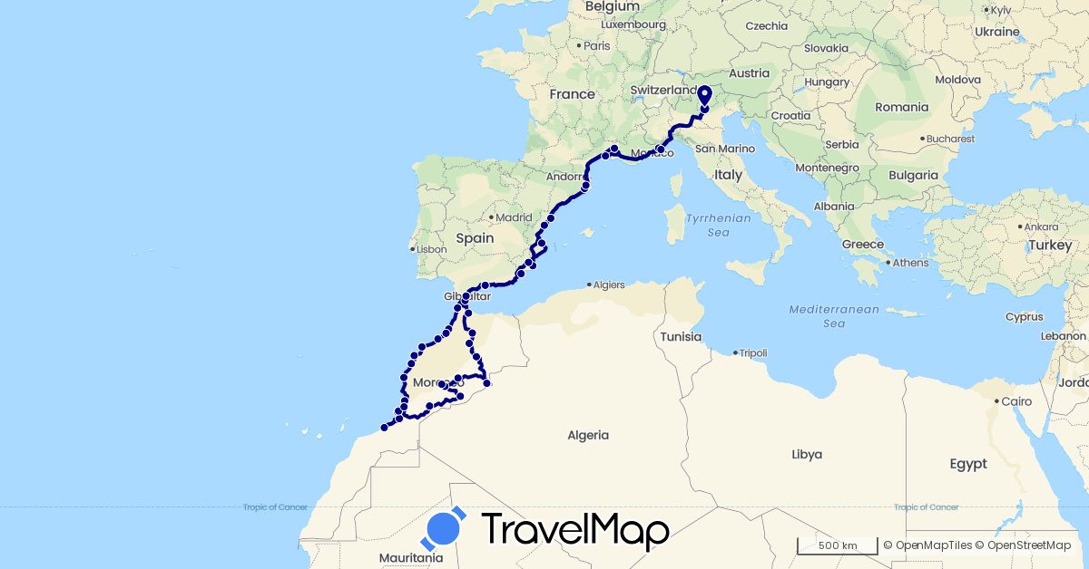 TravelMap itinerary: driving in Spain, France, Italy, Morocco (Africa, Europe)